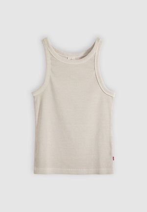 Débardeur beige côtelé sans manches avec encolure ronde et coupe ajustée, présenté sur un fond gris.