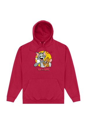 Red cotton hoodie featuring a front pocket, drawstrings, and graphics of Tom and Jerry with the text "TOM and JERRY" below.