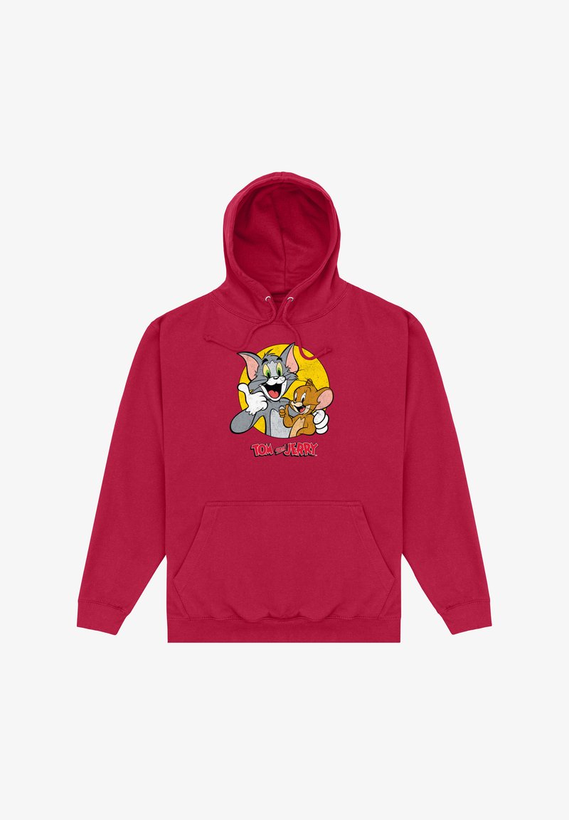 Felpa rossa in cotone con tasca frontale, cordini e grafiche di Tom e Jerry con il testo "TOM e JERRY" sottostante.