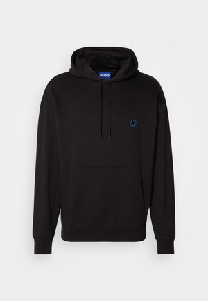 Black hoodie made of cotton, featuring a front pocket, drawstrings, and a small blue logo on the chest. Smooth texture, regular fit.