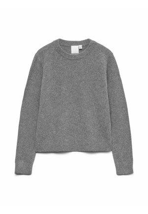 Pelēka adīta džemperis ar apaļu kaklu, garām piedurknēm un nedaudz saīsinātu siluetu. Izgatavots no mīksta materiāla ar gludu tekstūru.