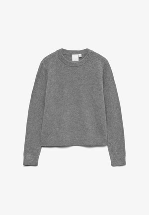 Pelēka adīta džemperis ar apaļu kaklu, garām piedurknēm un nedaudz saīsinātu siluetu. Izgatavots no mīksta materiāla ar gludu tekstūru.