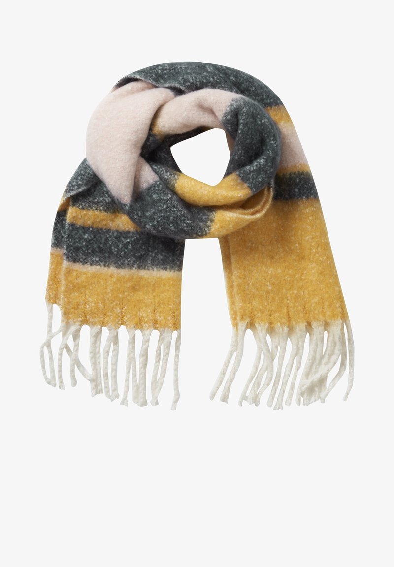 Écharpe en laine douce avec de larges rayures horizontales en jaune moutarde, gris foncé, beige, et des franges blanches aux deux extrémités, nouée de manière lâche.