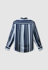 Button-up-Hemd in Marineblau, Hellblau und grünen Streifen. Mit Kragen, langen Ärmeln und abgerundetem Saum. Aus glattem Stoff gefertigt.