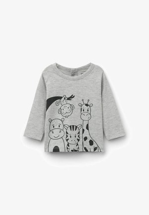 Gray long-sleeve shirt featuring black animal illustrations: a giraffe, zebra, hippo, and monkey. Soft fabric with a round neckline.