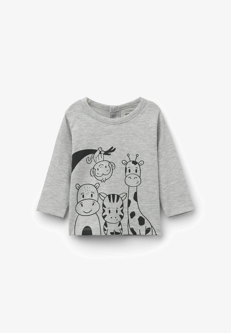 Grau Langarmshirt mit schwarzen Tierillustrationen: einem Giraffen, Zebra, Nilpferd und Affen. Weicher Stoff mit rundem Ausschnitt.
