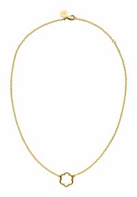 Gouden ketting met een bloemvormige hanger met een open midden, textuur links en een haaksluiting.