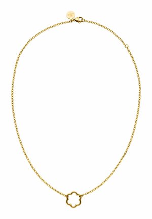 Goldkette mit einem blumenförmigen Anhänger mit offenem Zentrum, strukturierten Gliedern und einem Karabinerverschluss.
