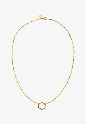Goldkette mit einem blumenförmigen Anhänger mit offenem Zentrum, strukturierten Gliedern und einem Karabinerverschluss.