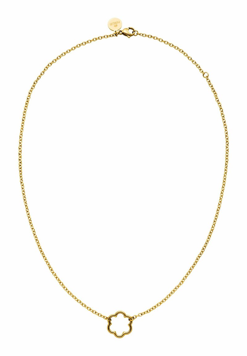Gouden ketting met een bloemvormige hanger met een open midden, textuur links en een haaksluiting.