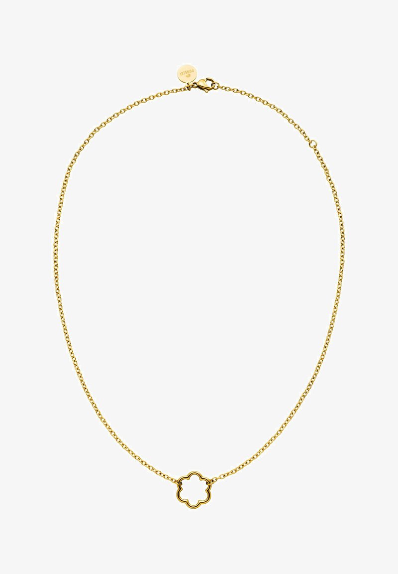 Gouden ketting met een bloemvormige hanger met een open midden, textuur links en een haaksluiting.