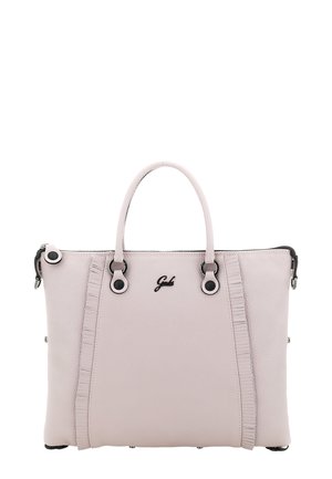 Borsa tote in pelle rosa chiaro con due manici, dettagli in rifinitura nera e un piccolo logo nero centrato vicino alla parte superiore.