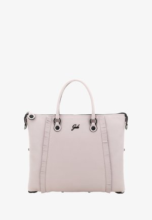 Borsa tote in pelle rosa chiaro con due manici, dettagli in rifinitura nera e un piccolo logo nero centrato vicino alla parte superiore.