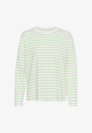 Langarmshirt aus leichtem Stoff, mit horizontalen weißen und hellgrünen Streifen, rundem Halsauschnitt und lockerer Passform.