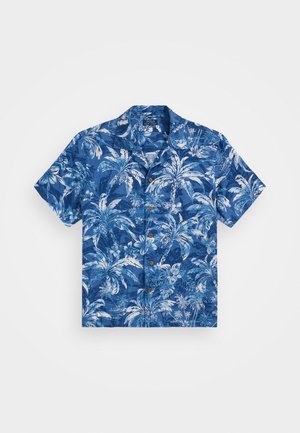 Camisa de botão de manga curta em azul com um padrão floral. Feita de tecido leve, com colarinho espalhado e botões de madeira.