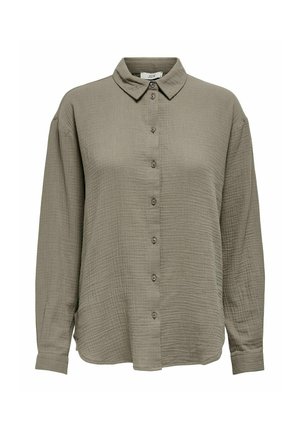 Alyvuogių žalios spalvos marškiniai su mygtukais iš lengvos, tekstūruotos medžiagos, su smailiu apykakle ir ilgomis rankovėmis, su mygtukais priekyje.