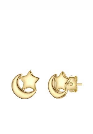 Pendientes de tono dorado con diseño de media luna y un detalle de estrella. La superficie lisa y las formas redondeadas crean un aspecto armonioso.