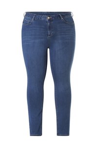 Smalle blauwe denim jeans met een gemiddelde wassing, voorzien van een voorzak, riemlussen en een rits met een bovenste knoopsluiting.