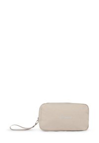 Borsa in tessuto beige con chiusura a zip, forma rettangolare piatta, dotata di una tracolla e marchio in rilievo sul fronte.