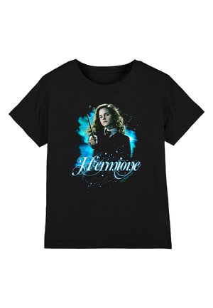 Black T-shirt with a graphic of a girl holding a wand, wearing a school uniform, with blue magical effects and the name "Hermione" below.