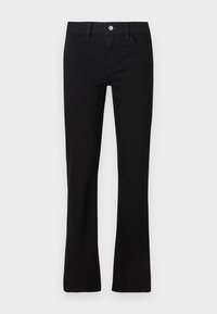 Μαύρο παντελόνι με ψηλή μέση και ίσιο πόδι, με κουμπί και φερμουάρ στο μπροστινό μέρος, θηλιές για ζώνη και δύο μπροστινές τσέπες.