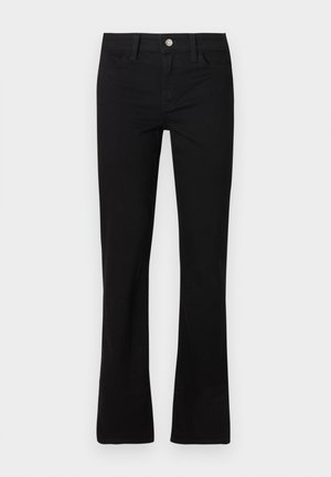 Mustad kõrge vöökohaga sirgete säärtega püksid esikinnisega nööpide ja luku, vööaasade ja kahe esitaskuga.