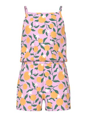 Różowy bezrękawnik z wzorem pomarańczowych owoców, zielonych liści i białych kwiatów, z cienkimi ramiączkami na ramionach i spodenkami