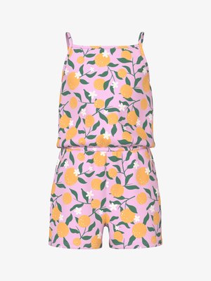 Combinaison sans manches rose avec motif de fruits orange, feuilles vertes et fleurs blanches, dotée de fines bretelles et d'un bas short.
