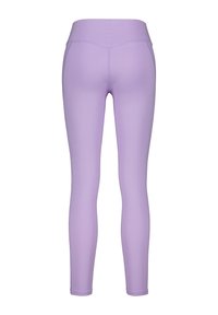 Purple leggings made from stretchy fabric, featuring a high waistband with a smooth texture and form-fitting design. No visible patterns.
