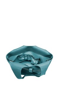 Borsa a tracolla in pelle turchese con esterno testurizzato, ampia apertura e numerose tasche interne per un'organizzazione ottimale. Caratterizzata da una cerniera e cuciture dorate.