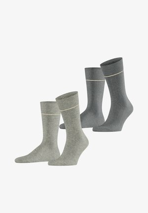 Due paia di calzini a coste in grigio chiaro e grigio scuro con una sottile striscia orizzontale color crema vicino alla parte superiore.