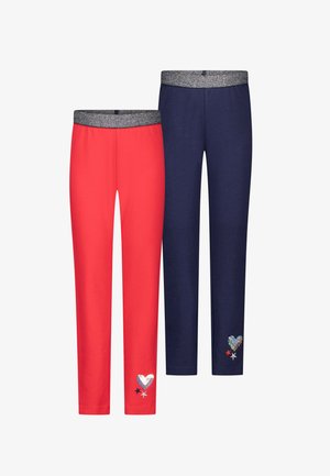 Twee paar trainingsbroeken: één rood met sprankelende hart- en sterrendetails, en één marineblauw met een vergelijkbaar hart. Beide hebben een metallic tailleband.