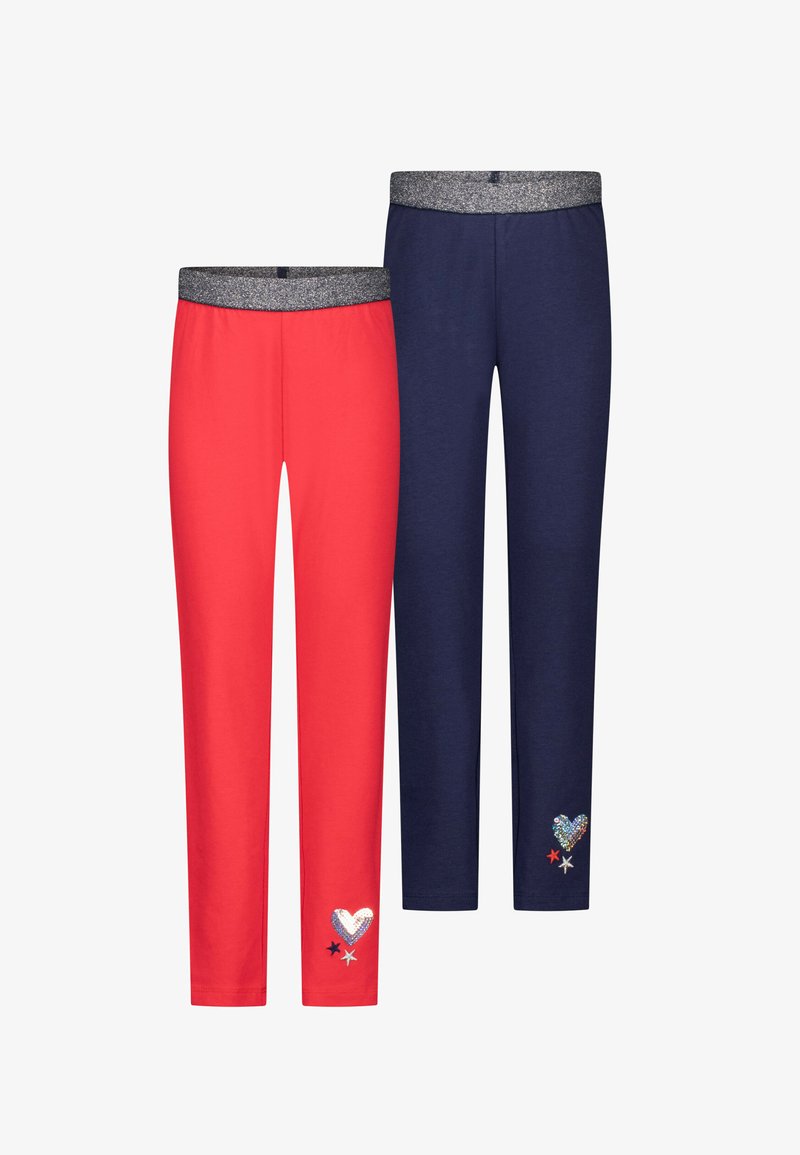 Zwei Paar gemütliche Sweatpants: eine rote mit glitzerndem Herz und Sternen-Details und eine marineblaue mit einem ähnlichen Herz. Beide haben einen metallischen Bund.