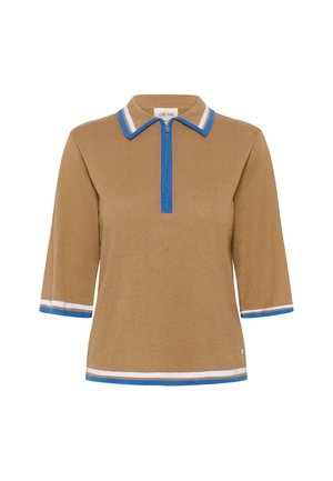 Ruskea lyhythihainen poolopaita vetoketjulla kaulassa. Kauluksessa ja hihoissa on sinivalkoraidalliset reunukset. Pehmeä neulottu pinta.