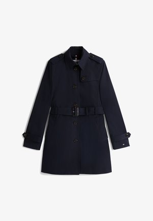 Casaco trench azul-marinho com cinto, botões na frente, ombreiras, tiras nos punhos e dois bolsos laterais, sobre fundo branco.
