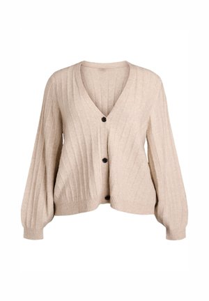 Cardigan en maille côtelée beige avec col en V, manches longues bouffantes et trois boutons noirs sur le devant.