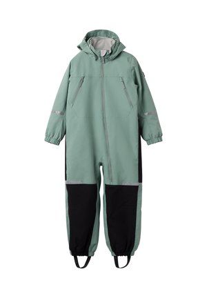 Green waterproof one-piece suit with black accents, elasticized cuffs, adjustable hood, two zippered pockets, and reflective details.