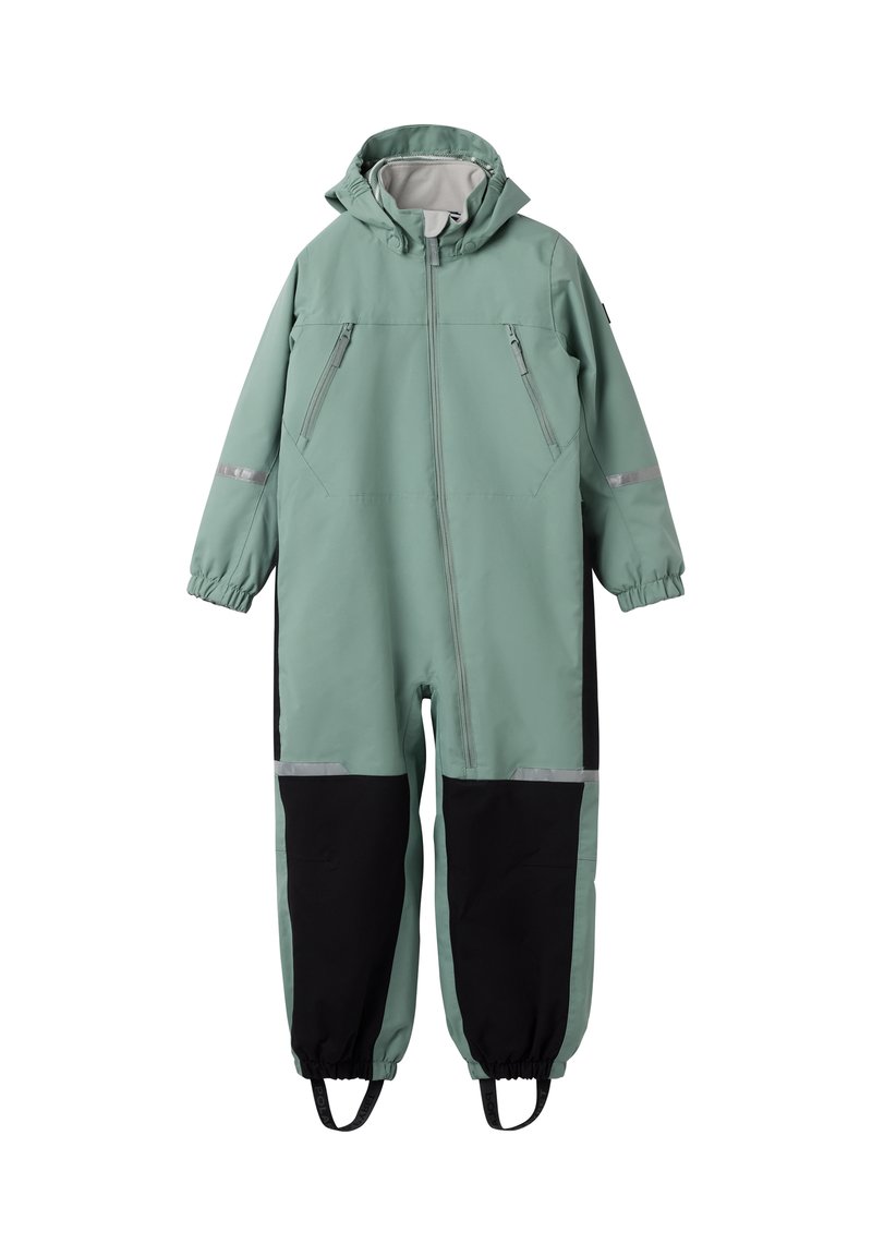 Groene waterdichte overall met zwarte accenten, elastische manchetten, verstelbare capuchon, twee met rits afsluitbare zakken en reflecterende details.