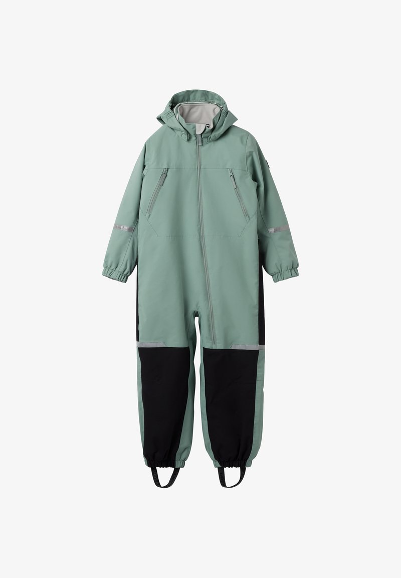 Groene waterdichte overall met zwarte accenten, elastische manchetten, verstelbare capuchon, twee met rits afsluitbare zakken en reflecterende details.