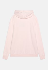 Felpa lunga e rosa chiaro, realizzata in un tessuto morbido, con cappuccio regolabile e polsini e orlo a costine. Schiena semplice senza decorazioni.