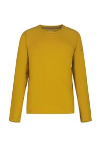 Långärmad gul skjorta i textil med struktur, med rund halsringning och raglanärmar, samt en subtil logotypdetalj på ärmen.