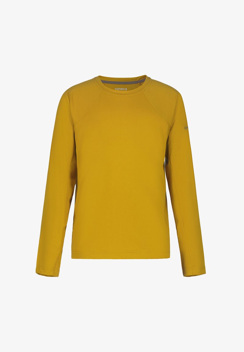 Langärmliges gelbes Shirt aus strukturiertem Stoff, mit rundem Ausschnitt und Raglanärmeln, dekoriert mit einem dezenten Logoakzent am Ärmel.