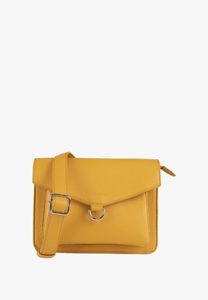 Yellow leather crossbody bag with a textured finish, fold-over flap, metal ring accent, and adjustable strap. Compact and functional design.