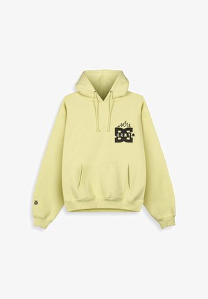 Geel hoodie gemaakt van zachte stof, met een zwart grafisch print aan de voorkant, een kangoeroezak en geribde manchetten.
