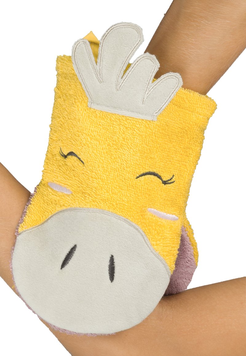 Gelber, tierförmiger Handschuh aus strukturiertem Stoff, mit einem Design von Augen und Schnabel. Akzente in hellgrau und lila. Weiches, plüschiges Material.