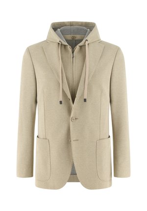 Béžové sako s připevněnou béžovou kapucí s šňůrkami a předním zipem, dvěma předními našitými kapsami a zapínáním na knoflíky.