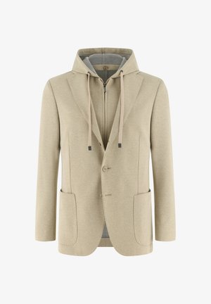 Blazer beige avec capuche beige attachée, avec cordons de serrage et fermeture éclair devant, deux poches plaquées à l'avant, et fermeture par boutons.