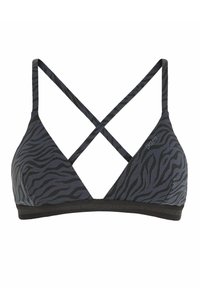 Top bikini a triangolo con strisce zebra nere e grigie, con spalline incrociate e fascia nera solida alla base. Tessuto liscio con leggera lucentezza.
