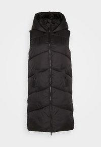 Gilet en duvet noir avec un col haut, fermeture éclair et deux poches latérales. Le design comprend des sections matelassées pour plus de texture.