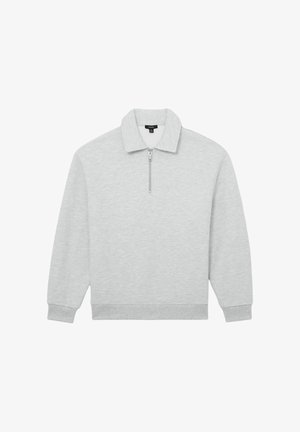 Svetlosivá mikina na zapínanie na zips s rebrovanými manžetami, voľným strihom a mäkkou textúrou. Vhodná na bežné nosenie.